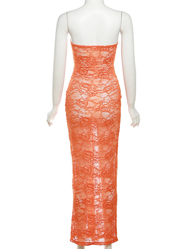 Momsmood Lace Ruched Bandeau Strapless Bodycon Sheer Elegant Maternity Baby Shower Party Maxi Dress