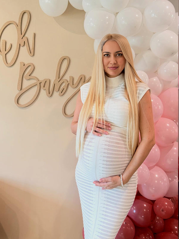 Momsmood White Knitted Stripe Back Slit Bodycon Elegant Maternity Baby Shower Maxi Dress