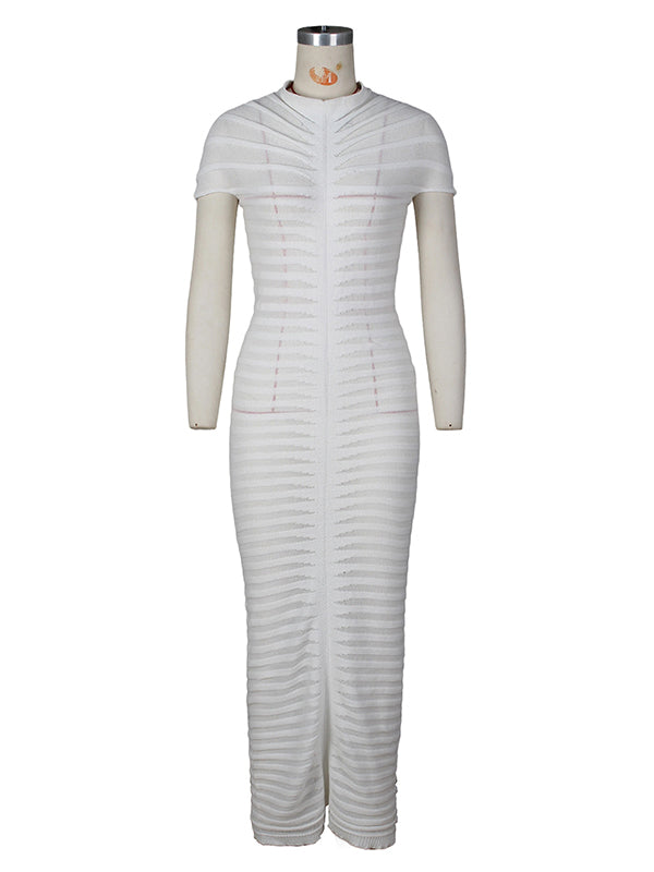 Momsmood White Knitted Stripe Back Slit Bodycon Elegant Maternity Baby Shower Maxi Dress
