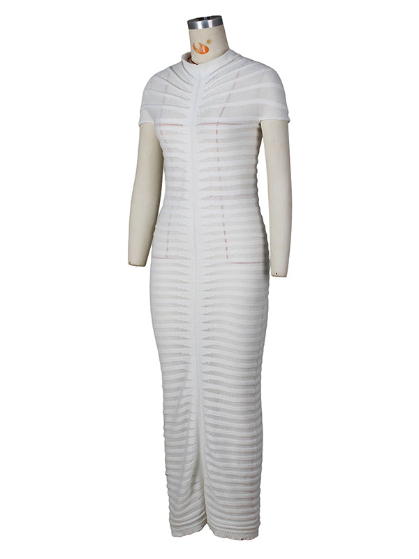 Momsmood White Knitted Stripe Back Slit Bodycon Elegant Maternity Baby Shower Maxi Dress