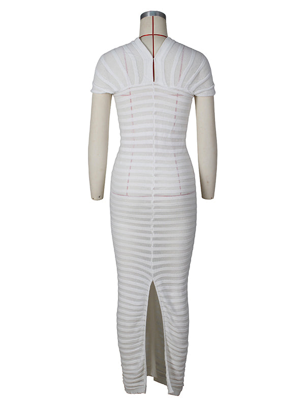 Momsmood White Knitted Stripe Back Slit Bodycon Elegant Maternity Baby Shower Maxi Dress