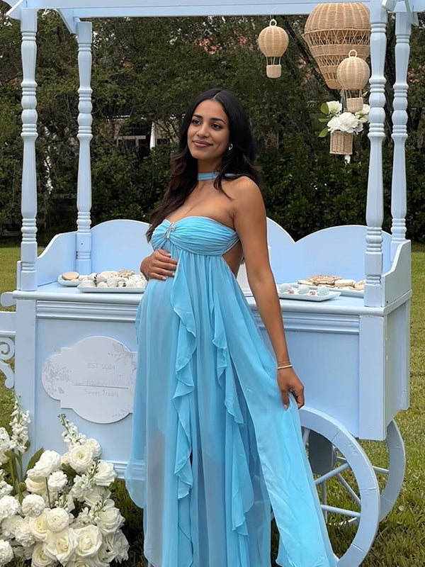 Momsmood Blue Bandeau Strapless Ruffle Falbala Draped Big Swing Elegant Maternity Baby Shower Maxi Dress