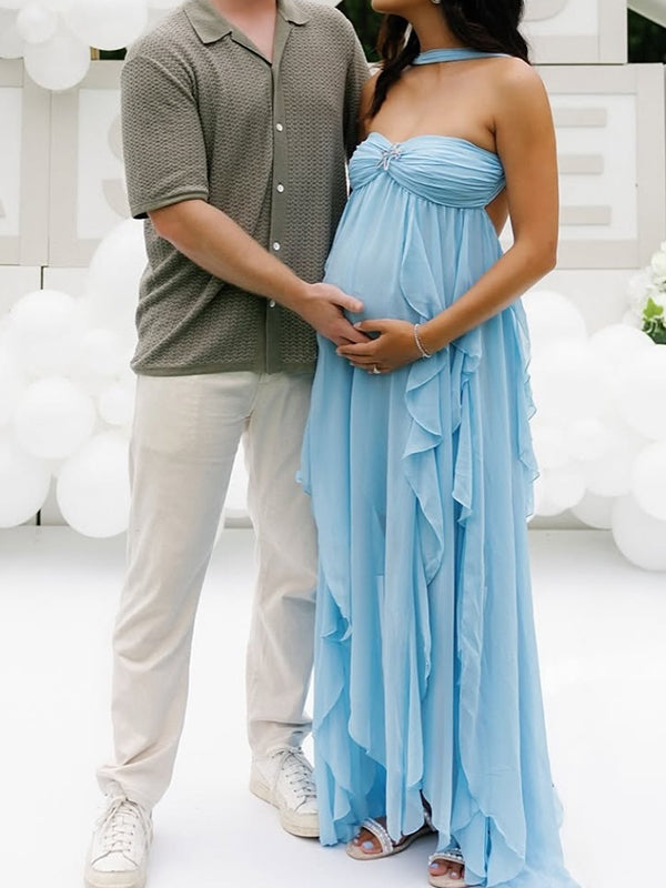 Momsmood Blue Bandeau Strapless Ruffle Falbala Draped Big Swing Elegant Maternity Baby Shower Maxi Dress