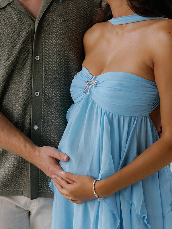 Momsmood Blue Bandeau Strapless Ruffle Falbala Draped Big Swing Elegant Maternity Baby Shower Maxi Dress