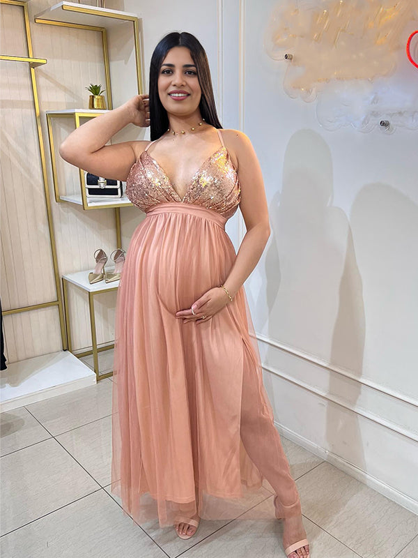 Momsmood Glitter Sequin Tulle Side Slits Big Swing Cami Backless Elegant Maternity Baby Shower Maxi Dress