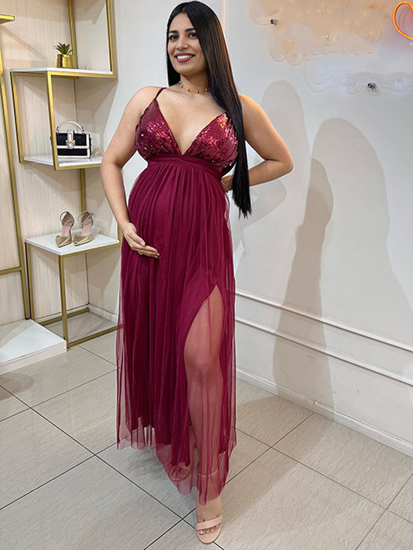 Momsmood Glitter Sequin Tulle Side Slits Big Swing Cami Backless Elegant Maternity Baby Shower Maxi Dress
