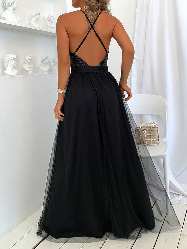 Momsmood Glitter Sequin Tulle Side Slits Big Swing Cami Backless Elegant Maternity Baby Shower Maxi Dress