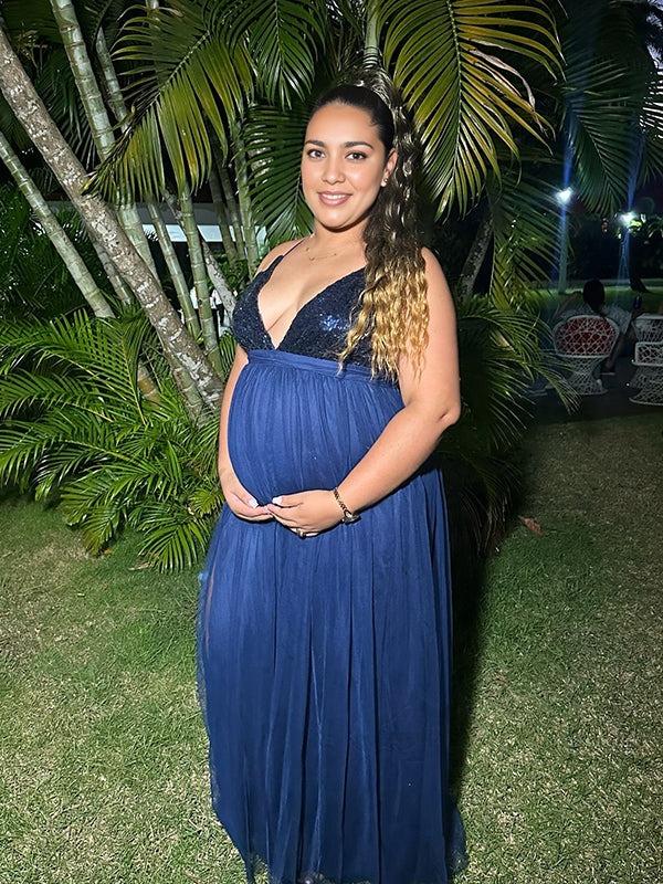 Momsmood Glitter Sequin Tulle Side Slits Big Swing Cami Backless Elegant Maternity Baby Shower Maxi Dress