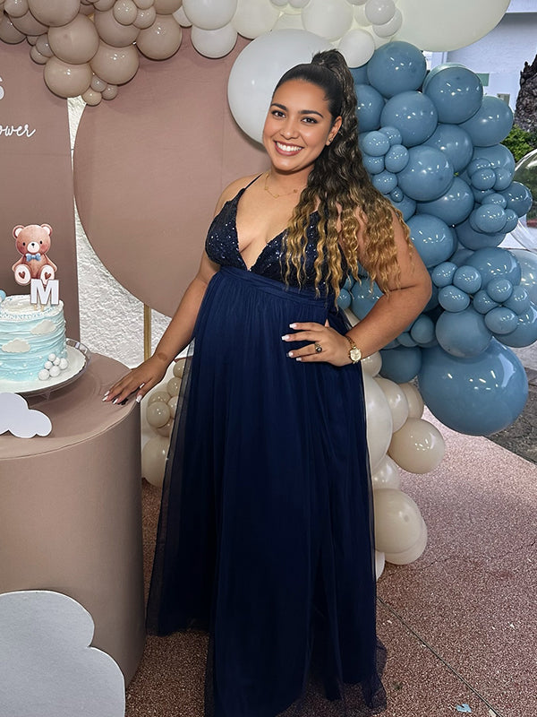 Momsmood Glitter Sequin Tulle Side Slits Big Swing Cami Backless Elegant Maternity Baby Shower Maxi Dress