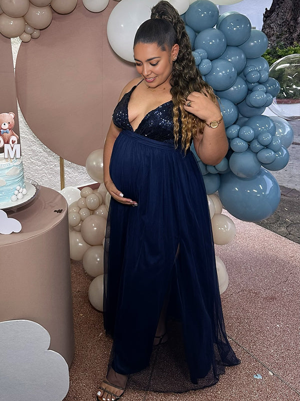 Momsmood Glitter Sequin Tulle Side Slits Big Swing Cami Backless Elegant Maternity Baby Shower Maxi Dress