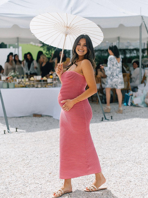 Momsmood Striped Knitted Bandeau Strapless Bodycon Elegant Maternity Baby Shower Maxi Dress