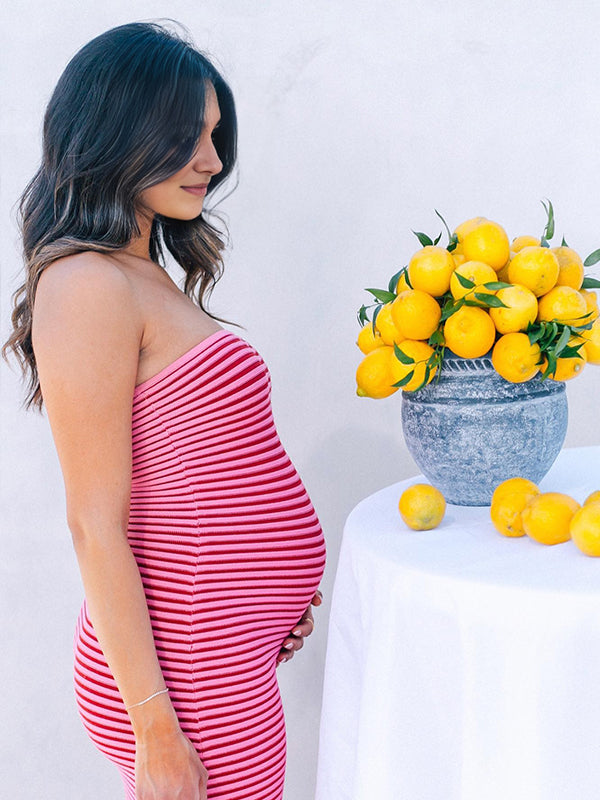 Momsmood Striped Knitted Bandeau Strapless Bodycon Elegant Maternity Baby Shower Maxi Dress