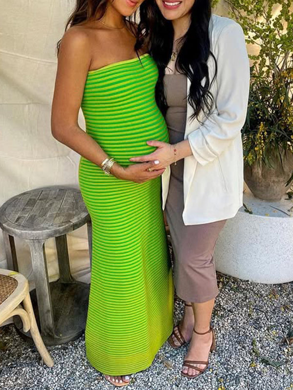 Momsmood Striped Knitted Bandeau Strapless Bodycon Elegant Maternity Baby Shower Maxi Dress
