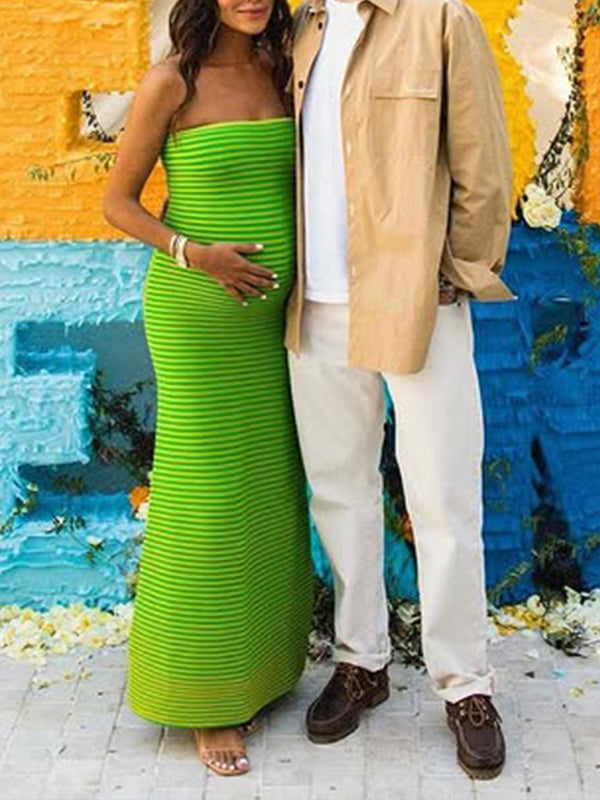 Momsmood Striped Knitted Bandeau Strapless Bodycon Elegant Maternity Baby Shower Maxi Dress