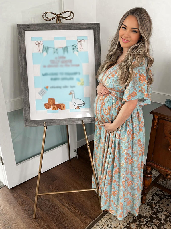 Momsmood Blue Floral Border Printed Big Swing Flutter Sleeve Elegant Boho Maternity Baby Shower Maxi Dress