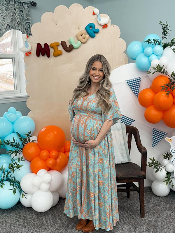 Momsmood Blue Floral Border Printed Big Swing Flutter Sleeve Elegant Boho Maternity Baby Shower Maxi Dress