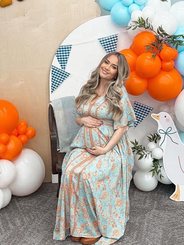 Momsmood Blue Floral Border Printed Big Swing Flutter Sleeve Elegant Boho Maternity Baby Shower Maxi Dress