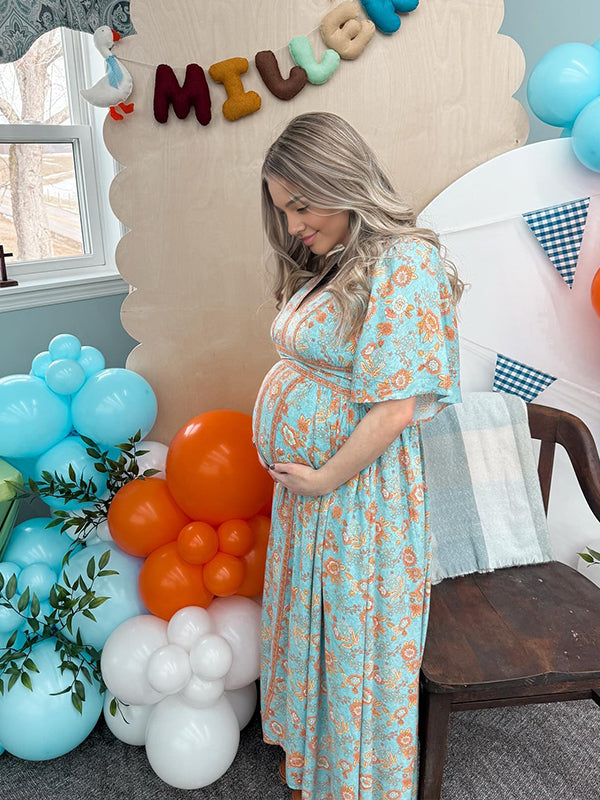 Momsmood Blue Floral Border Printed Big Swing Flutter Sleeve Elegant Boho Maternity Baby Shower Maxi Dress