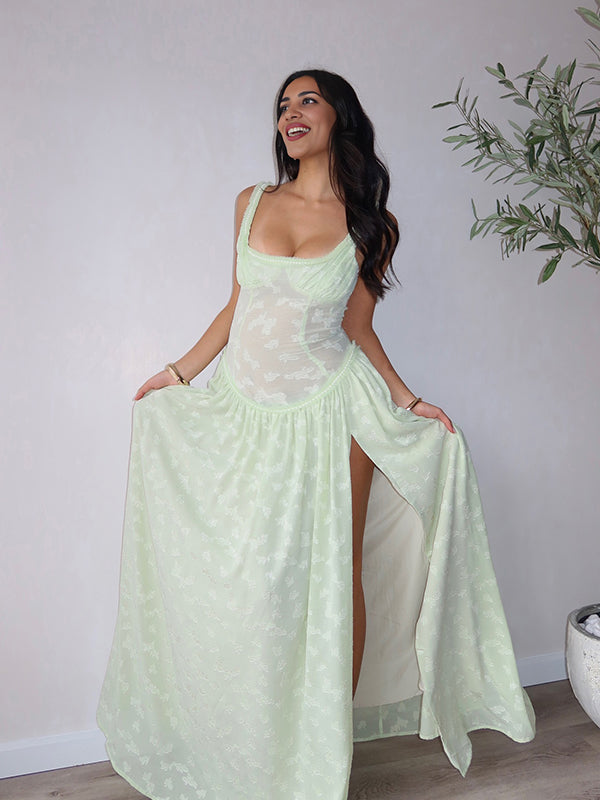 Momsmood Lace Jacquard Textured Tank Corset Side Slit Big Swing Elegant Boho Maternity Photoshoot Maxi Dress