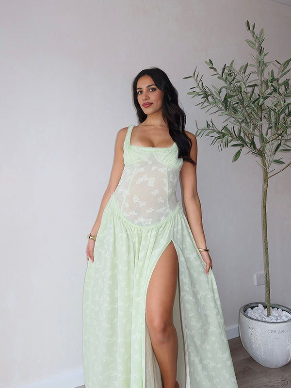 Momsmood Lace Jacquard Textured Tank Corset Side Slit Big Swing Elegant Boho Maternity Photoshoot Maxi Dress