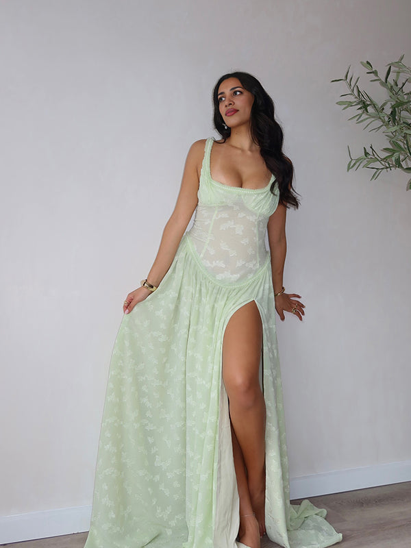 Momsmood Lace Jacquard Textured Tank Corset Side Slit Big Swing Elegant Boho Maternity Photoshoot Maxi Dress