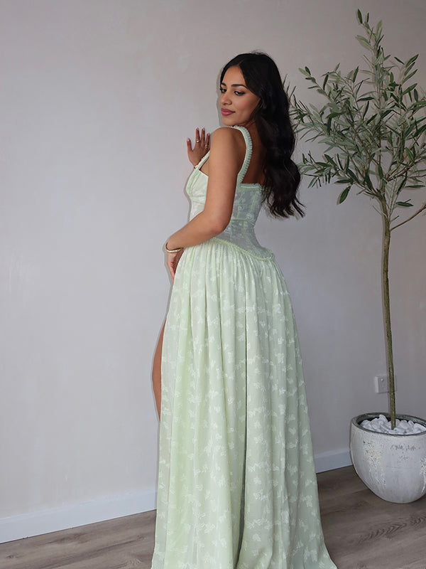 Momsmood Lace Jacquard Textured Tank Corset Side Slit Big Swing Elegant Boho Maternity Photoshoot Maxi Dress