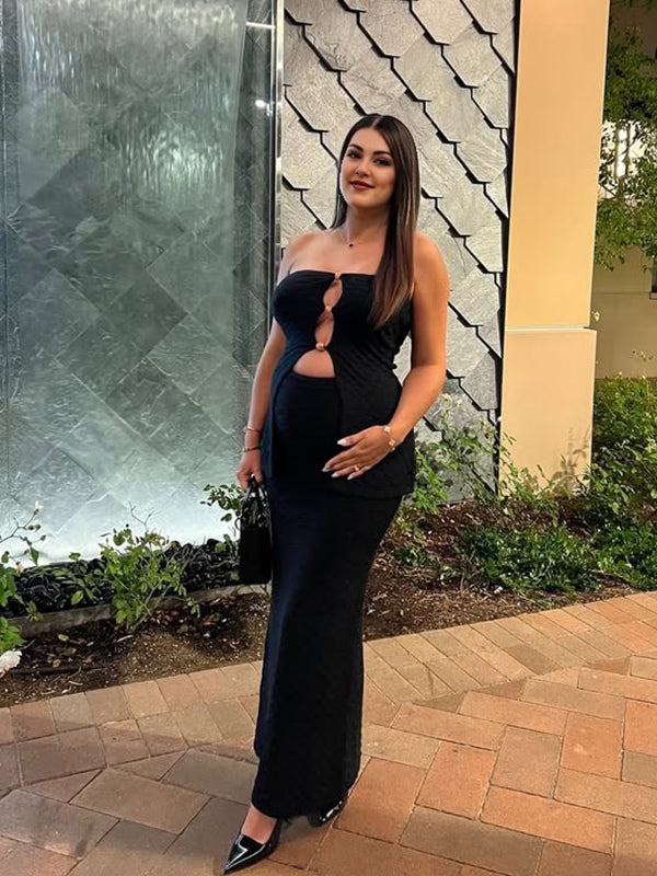 Momsmood Black Two Piece Set Bandeau Cut Out Crop Top And Bodycon Skirt Elegant Maternity Going Out Maxi Dress