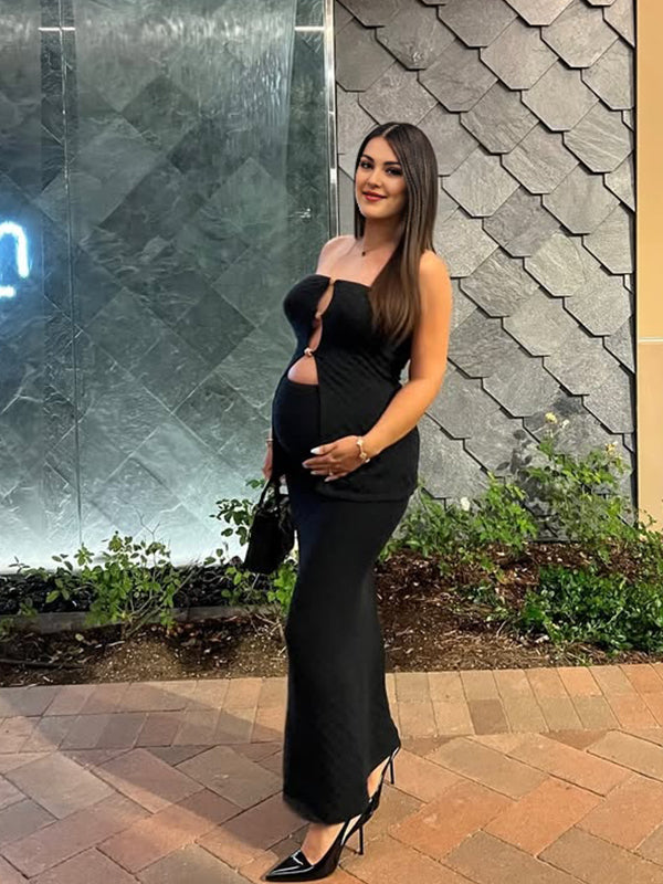 Momsmood Black Two Piece Set Bandeau Cut Out Crop Top And Bodycon Skirt Elegant Maternity Going Out Maxi Dress