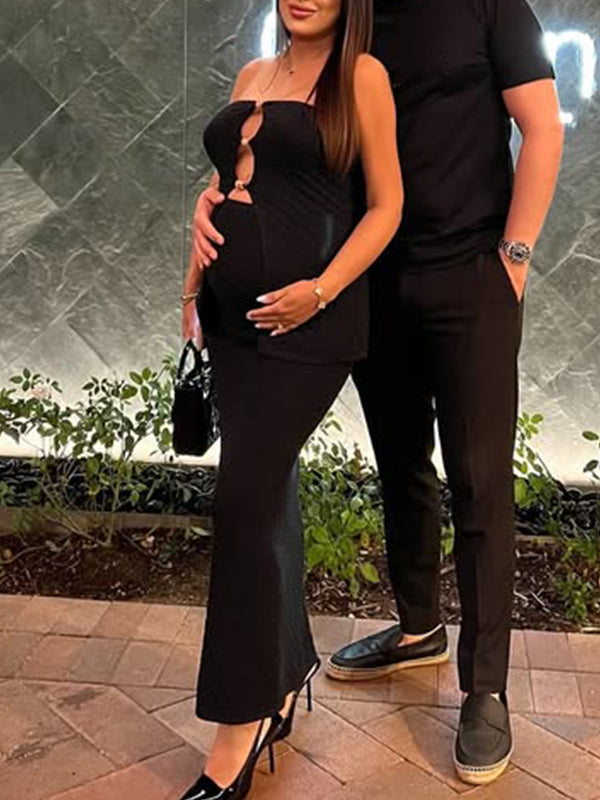 Momsmood Black Two Piece Set Bandeau Cut Out Crop Top And Bodycon Skirt Elegant Maternity Going Out Maxi Dress