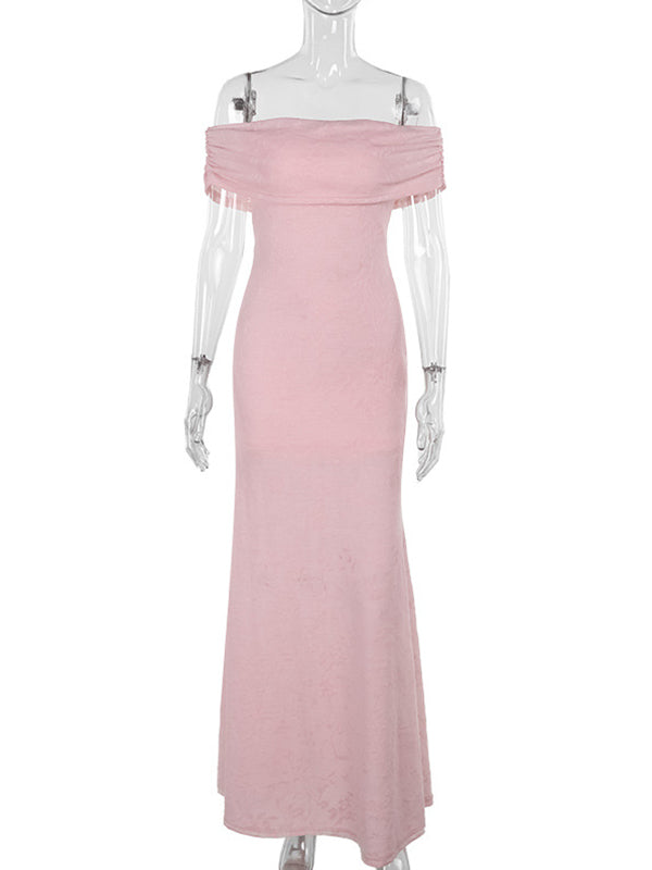 Momsmood Pink Jacquard Textured Ruched Off Shoulder Mermaid Elegant Maternity Photoshoot Maxi Dress