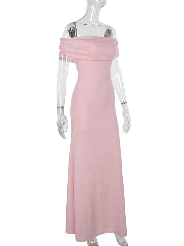 Momsmood Pink Jacquard Textured Ruched Off Shoulder Mermaid Elegant Maternity Photoshoot Maxi Dress