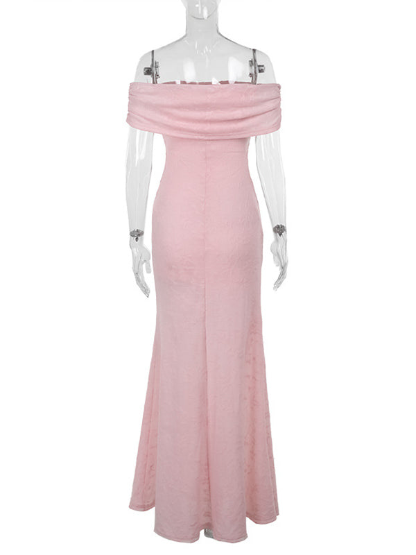 Momsmood Pink Jacquard Textured Ruched Off Shoulder Mermaid Elegant Maternity Photoshoot Maxi Dress