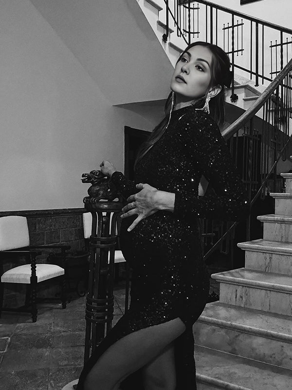 Momsmood Glitter Full Sequin Side Slit Backless High Neck Bodycon Elegant Maternity Photoshoot Maxi Dress