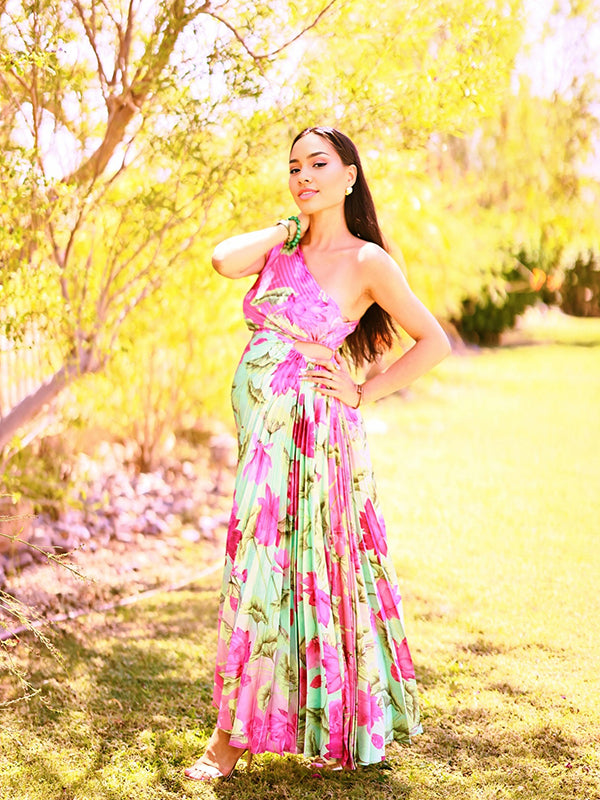 Momsmood Satin Floral Pleated Cut Out One Shoulder Elegant Maternity Photoshoot Maxi Dress