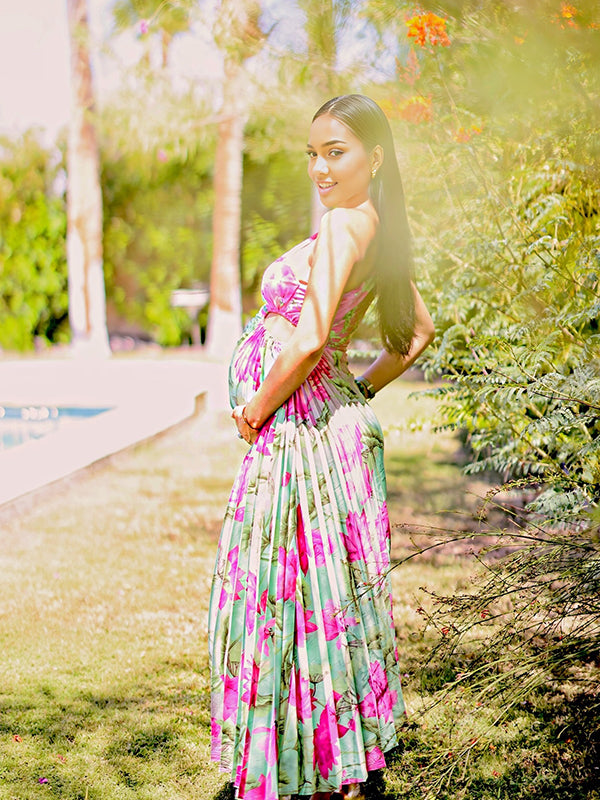 Momsmood Satin Floral Pleated Cut Out One Shoulder Elegant Maternity Photoshoot Maxi Dress