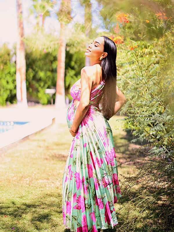 Momsmood Satin Floral Pleated Cut Out One Shoulder Elegant Maternity Photoshoot Maxi Dress