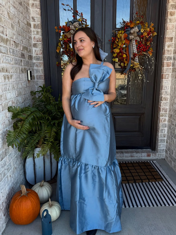 Momsmood Satin Big Bow One Shoulder A-line Elegant Maternity Baby Shower Maxi Dress