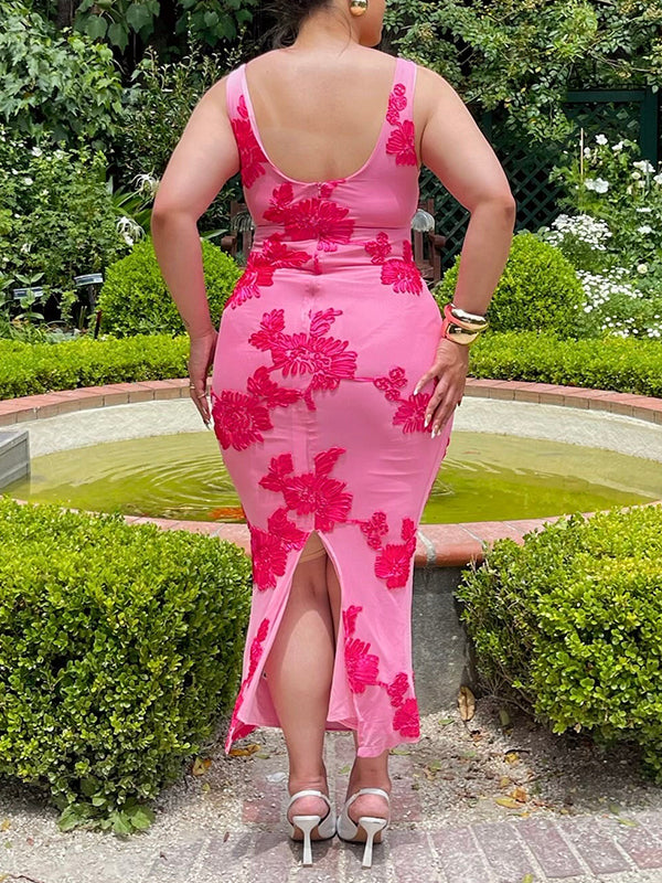 Momsmood Rose Carmine Flowers Sleeveless Bodycon Elegant Maternity Photoshoot Baby Shower Maxi Dress