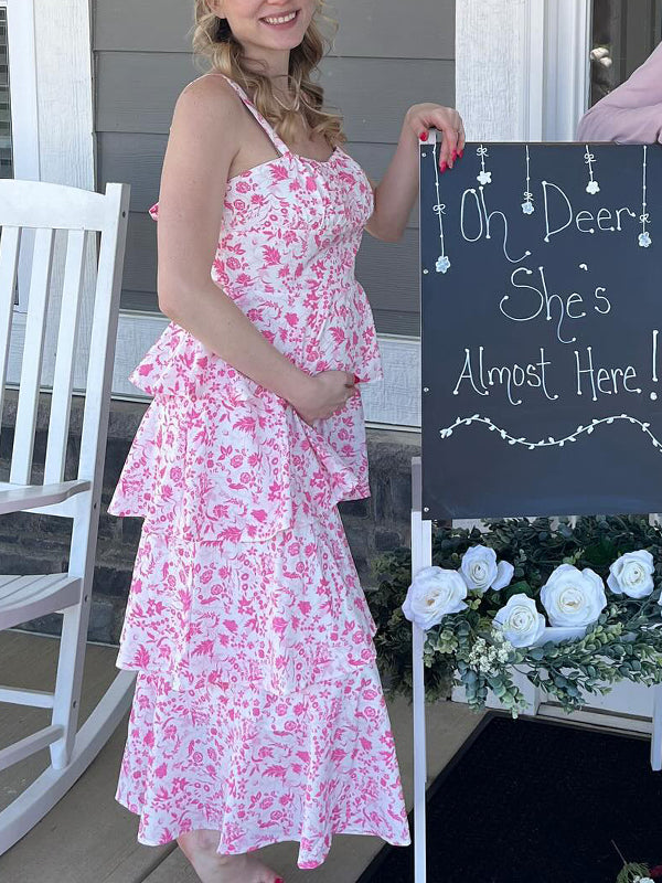 Momsmood Pink Cascading Ruffle Pleated Flowers Spaghetti Straps Bodycon Elegant Maternity Photoshoot Baby Shower Maxi Dress