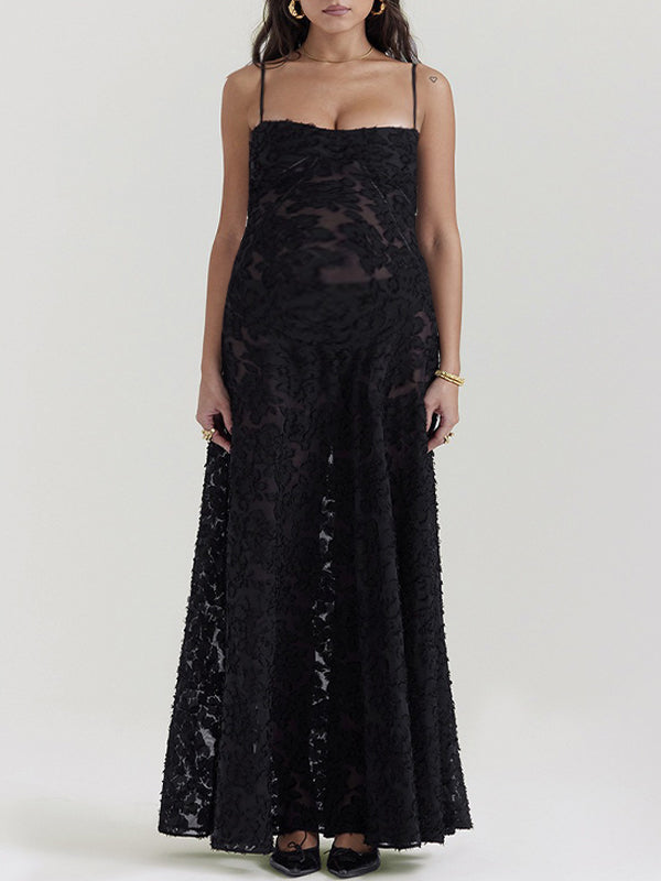 Momsmood Tie Back Patchwork Flowers Spaghetti Strap Photoshoot Maternity Maxi Dresses