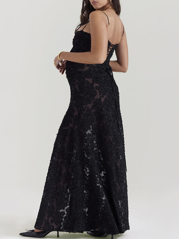Momsmood Tie Back Patchwork Flowers Spaghetti Strap Photoshoot Maternity Maxi Dresses