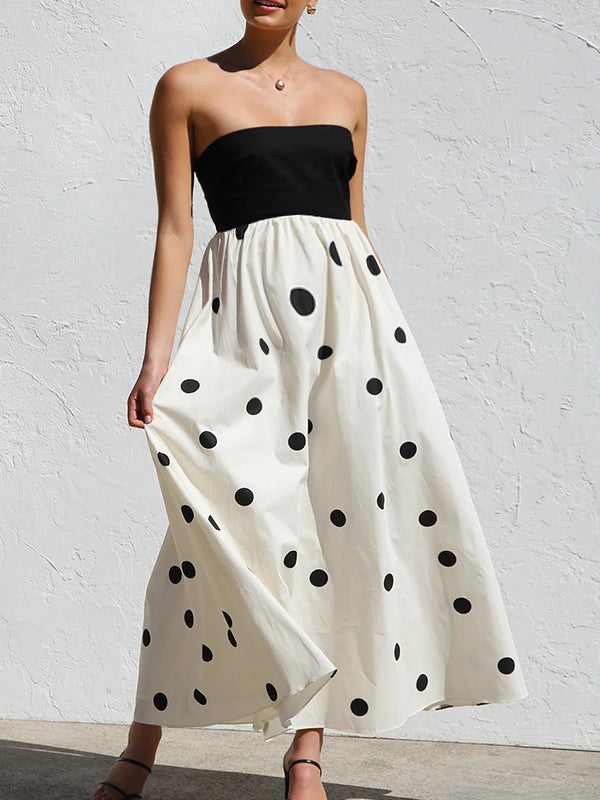 Momsmood Bandeau Splicing Polka Dots A-Line Photoshoot Maternity Maxi Dresses