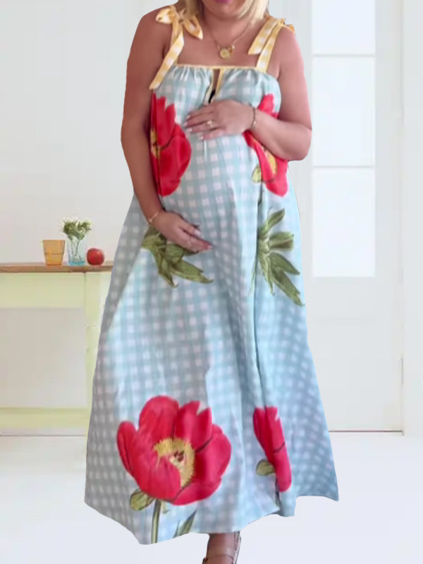 Momsmood Plaid Flowers Shoulder-Strap Photoshoot Maternity Maxi Dresses