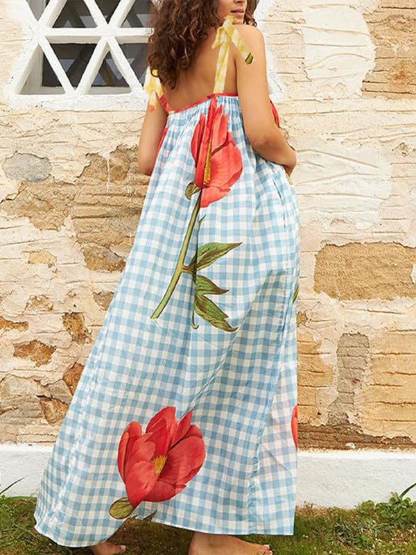 Momsmood Plaid Flowers Shoulder-Strap Photoshoot Maternity Maxi Dresses