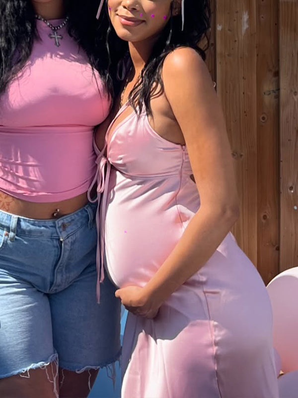 Momsmood Pink Bow Spaghetti Straps Flowy Bodycon Elegant Maternity Photoshoot Baby Shower Maxi Dress