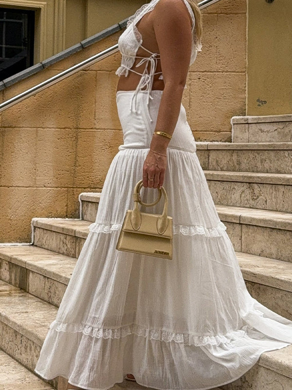 Momsmood White Lace Pleated lace-up Flowy Elegant Maternity Photoshoot Baby Shower Maxi Dress