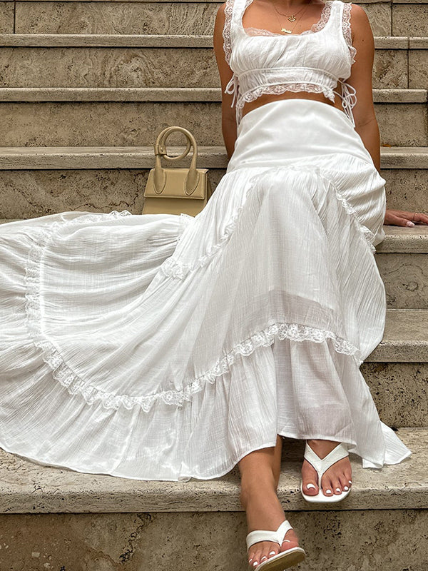 Momsmood White Lace Pleated lace-up Flowy Elegant Maternity Photoshoot Baby Shower Maxi Dress