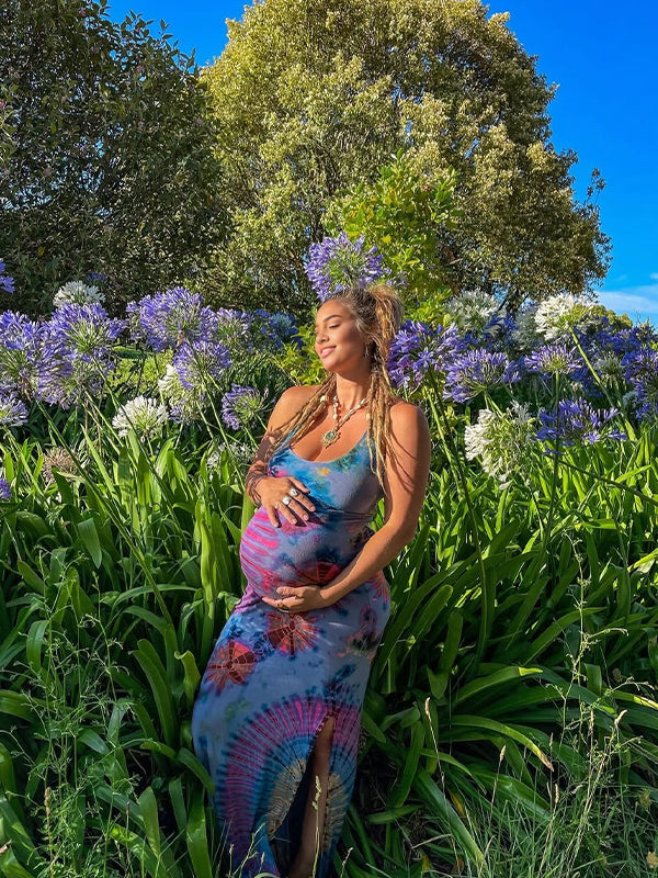 Momsmood Royal blue Print Spaghetti Straps Slit Tie Back Elegant Maternity Photoshoot Baby Shower Maxi Dress