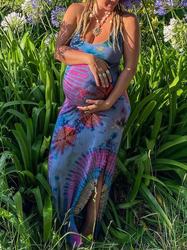 Momsmood Royal blue Print Spaghetti Straps Slit Tie Back Elegant Maternity Photoshoot Baby Shower Maxi Dress