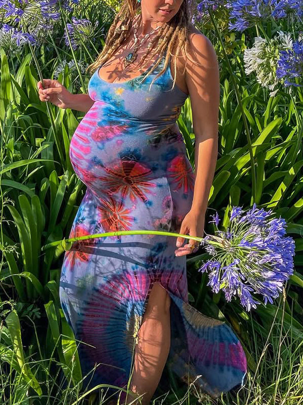 Momsmood Royal blue Print Spaghetti Straps Slit Tie Back Elegant Maternity Photoshoot Baby Shower Maxi Dress